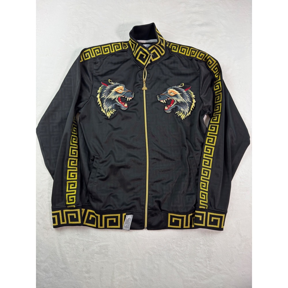RS1NE Mens Track Jacket Black Gold Wolf Embroidered Greek Key Full Zip Large